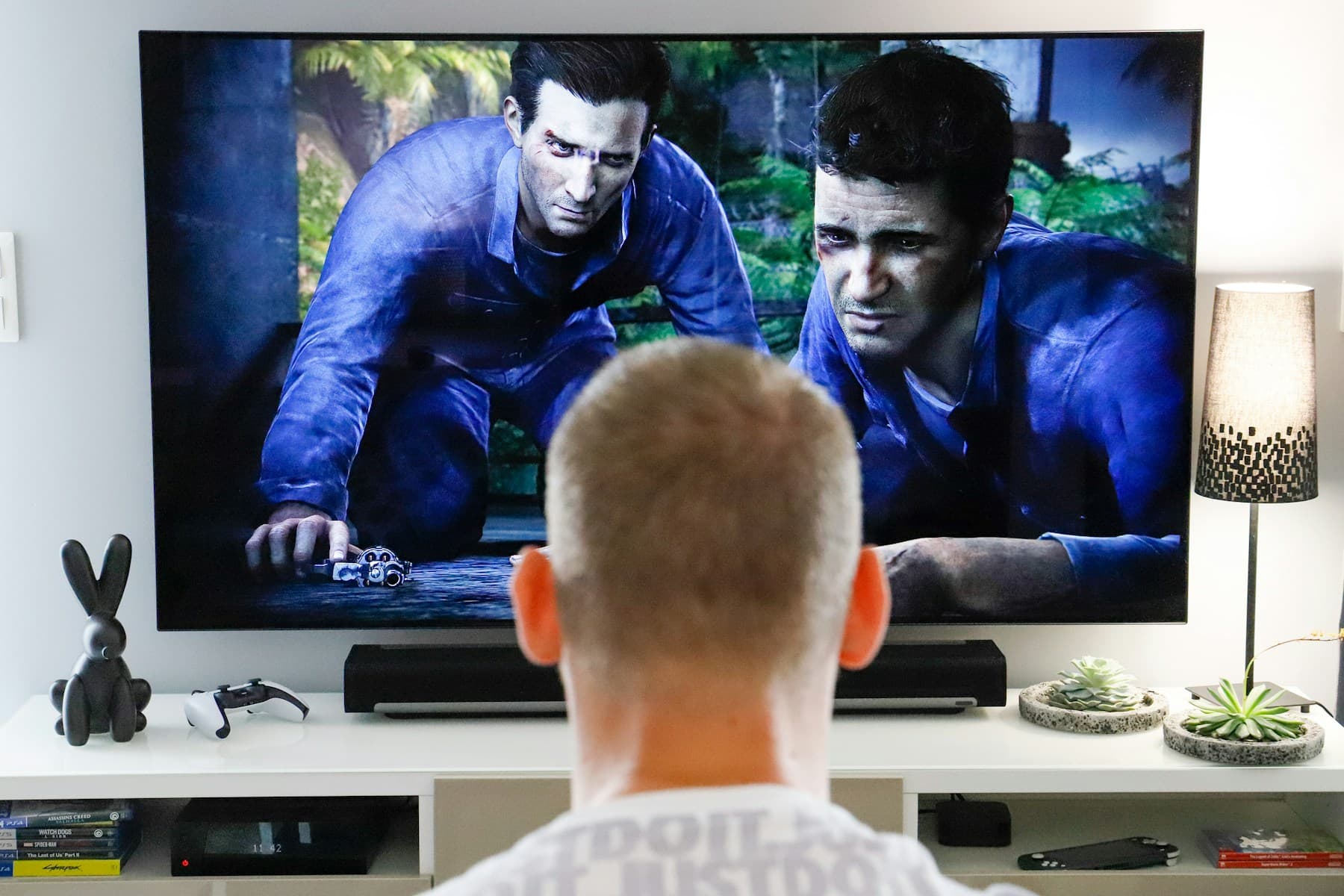 A real large-screen television and soundbar home entertainment setup