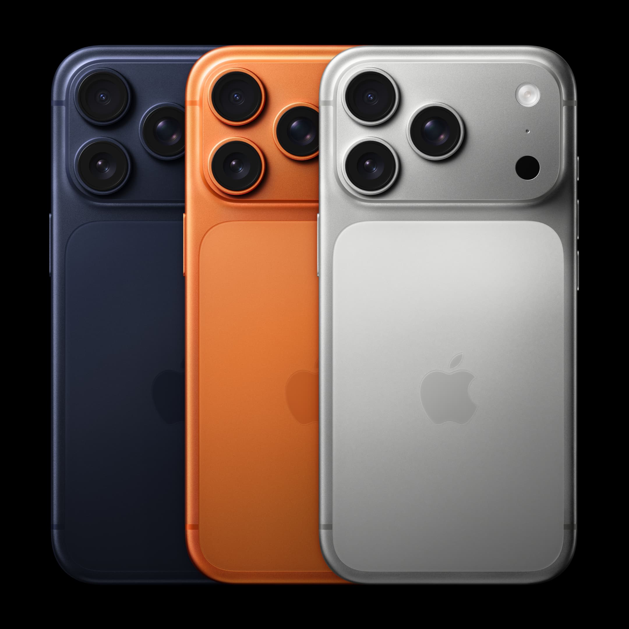 iPhone 17 Pro shown in deep blue, cosmic orange and silver